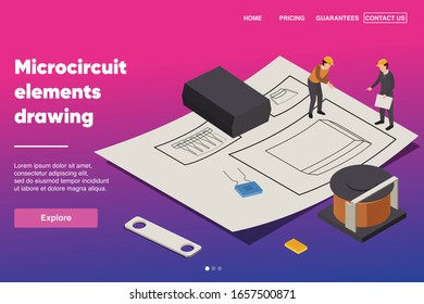Microcircuit elements drawing background with semiconductor isometric vector illustration
