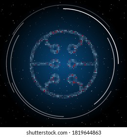 The microcircuit symbol filled with white dots. Some dots is red. Vector illustration on blue background with stars