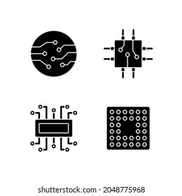 Microcircuits black glyph icons set on white space. Cpu computer socket types. Circuit board components creation process. Silhouette symbols. Vector isolated illustration