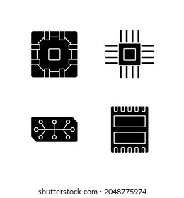 Microcircuits black glyph icons set on white space. Computer device ports. Stable connection between computer components. Silhouette symbols. Vector isolated illustration