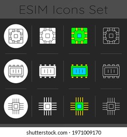 Microcircuits dark theme icons set. Designing modern microcomponents for device creation. Building electronic systems. Linear white, solid glyph and RGB color styles. Isolated vector illustrations