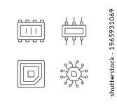 Microcircuits linear icons set. Cpu corner marking for placing device. Electronic parts creation. Customizable thin line contour symbols. Isolated vector outline illustrations. Editable stroke
