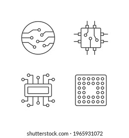 Microcircuits linear icons set. Cpu computer socket types. Circuit board components creation process. Customizable thin line contour symbols. Isolated vector outline illustrations. Editable stroke