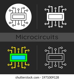 Microcontroller dark theme icon. Small computer created on single metal oxide semiconductor integrated circuit chip. Linear white, simple glyph and RGB color styles. Isolated vector illustrations