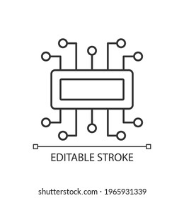 Microcontroller linear icon. Computer created on metal semiconductor integrated circuit chip. Thin line customizable illustration. Contour symbol. Vector isolated outline drawing. Editable stroke