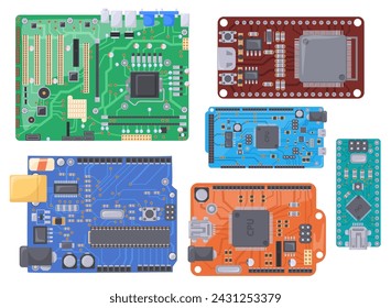 Microcontroladores. Placas eléctricas del PWB, máquina de computadoras de la tecnología del microchip del semiconductor, chip del pi del hardware del concepto de la electrónica de circuito, ilustración vectorial ordenada del componente de la tecnología electrónica