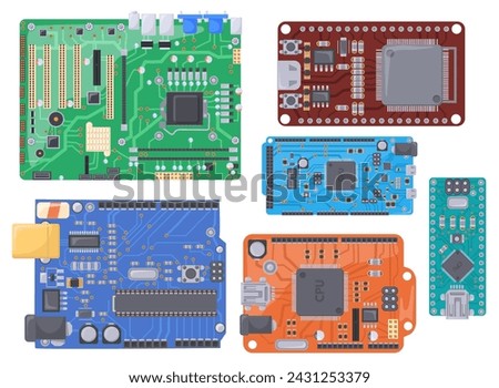 Microcontrollers. PCB electrical boards, semiconductor microchip technology computers machine, circuit electronics concept hardware pi chip, neat vector illustration of electronic technology component