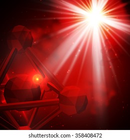 Microcosm, an abstract object illuminated by a bright flash on a dark red background. Beautiful and bright rays of volume light.
