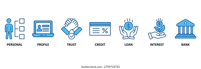 Mikrokredit-Banner-Web-Symbol-Set In Blue Style Vektorgrafik für das Symbol persönlich, Profil, Vertrauen, Kredit, Darlehen, Zinsen und Bank
