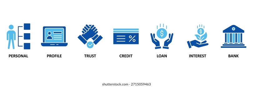 Mikrokredit-Banner-Web-Symbol-Set In Blue Style Vektorgrafik für das Symbol persönlich, Profil, Vertrauen, Kredit, Darlehen, Zinsen und Bank