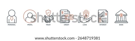 Microcredit banner web icon set vector illustration concept with icon of personal, profil, trust, credit, loan, interest, bank