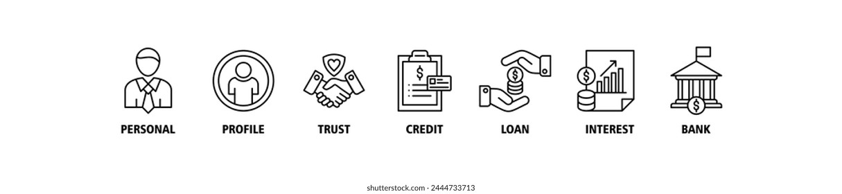 Microcredit Banner Web Icon Vektorillustration Konzept mit Icon of Personal, Profile, Trust, Credit, Loan, Interest und Bank