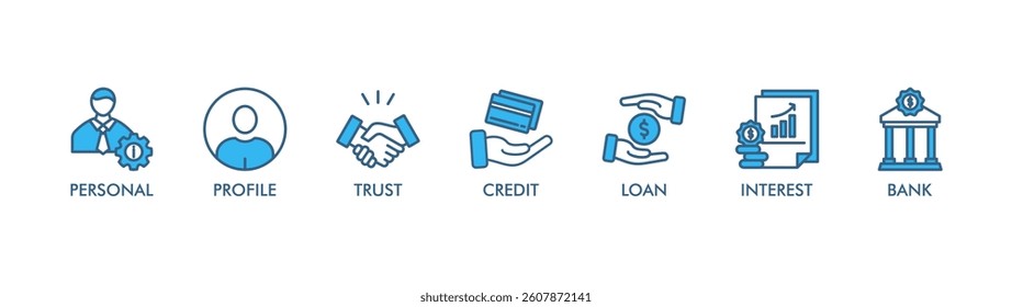 MICROCREDIT banner web icon vector illustration concept with icon of personal, profile, trust, credit, loan, interest and bank
