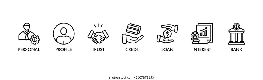MICROCREDIT banner web icon vector illustration concept with icon of personal, profile, trust, credit, loan, interest and bank
