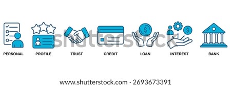 Microcredit icon set Blue Monochrome Flat Design concept for personal, profile, trust, credit, loan, interest and bank