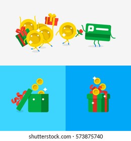 Microcredit. A Loan To Buy Gifts. Quick Money To A Credit Card. Heap Of Gift Boxes With Money. Character Flat Design. Vector Illustration Of Credit Card With Coins