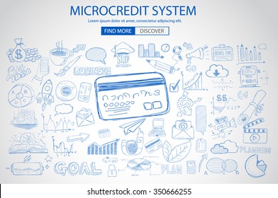 Microcredt Systtem concept with Doodle design style :finding money, fcrowfunding, social business. Modern style illustration for web banners, brochure and flyers.