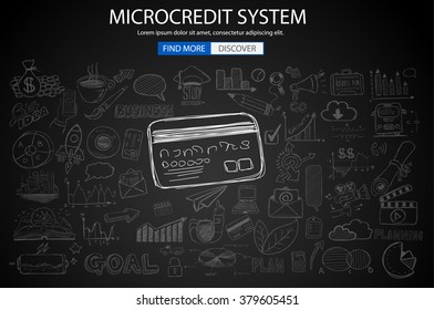 Microcredt System Konzept mit Doodle Design Stil : Finden Sie Geld, Fcrowfunding, Social Business. Moderne Illustration für Webbanner, Broschüren und Flyer.