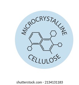 Microcrystalline cellulose ingredient at sticker. Isolated on white cosmetic quality emblem with chemical formula sign. Molucular element icon for healthy skin treatment goods