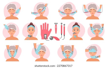 Microcurrent facial treatment set vector illustration. Cartoon aesthetic therapy in cosmetology and cosmetic procedures, massage for face with devices and micro current electrodes in spa beauty salon