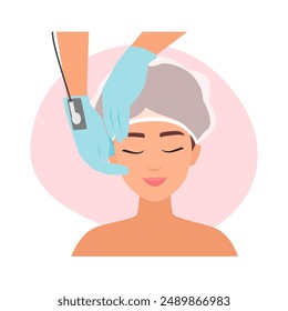 Microcurrent therapy with gloves, aesthetic skincare cosmetology for woman vector illustration