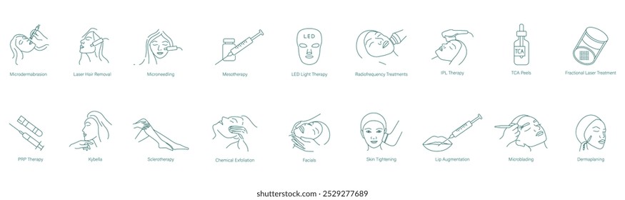 Microdermoabrasão, Remoção de Cabelo Laser, Microneedling, Mesoterapia, LED Light Therapy, Tratamento de Radiofrequência, Tratamento IPL, TCA Peels, Tratamento de Laser Fracionado, Tratamento PRP, Ícones Kybella