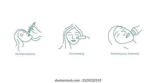 Mikrodermabrasion, Mikroneedling und Radiofrequenz-Behandlung Icon-Set für Hauterneuerung und Straffung