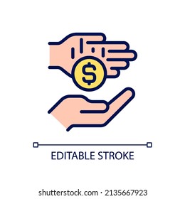 Micro-donation pixel perfect RGB color icon. Microphilanthropy. Gifting small donations, gifts. Isolated vector illustration. Simple filled line drawing. Editable stroke. Arial font used