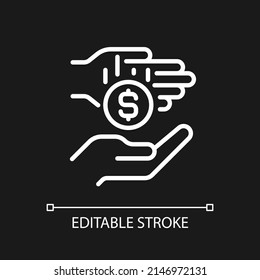 Micro-donation pixel perfect white linear icon for dark theme. Microphilanthropy. Gifting small donations. Thin line illustration. Isolated symbol for night mode. Editable stroke. Arial font used
