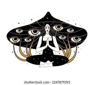 Microdose of mushrooms, psychedelic female mushroom with plants in the form of eyes. Trippy halloween illustration, tattoo for witch, print for clothes. Vector line illustration.