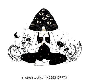 Microdose of mushrooms, psychedelic tattoo, many-eyed mushroom woman meditating. Trippy Halloween illustration, witch sticker, clothing print. Vector line illustration.