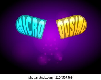 Microdosing capsule pils with Magic mushrooms, psilocybin, LSD psychedelic. Powder-in-capsule microdosing concept. Recreational PTSD therapy vector illustration.