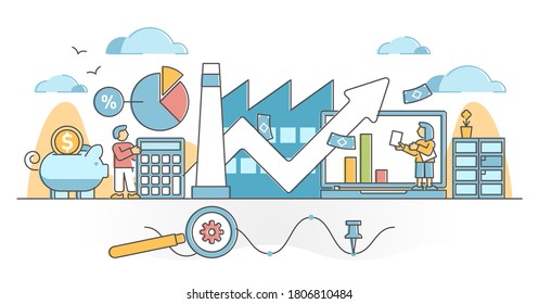 Microeconomics as financial local business economical stats outline concept. Company budget, factory earnings and stock profit from performance reports vector illustration. Symbolic diagram and data.