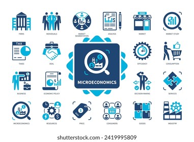Microeconomics icon set. Economic Policy, Consumption, Consumers, Resources, Taxes, Market Study, Industry, Firms, Individuals. Duotone color solid icons