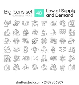 Microeconomics principles linear icons set. Law of supply and demand. Goods determined by supply and demand. Customizable thin line symbols. Isolated vector outline illustrations. Editable stroke