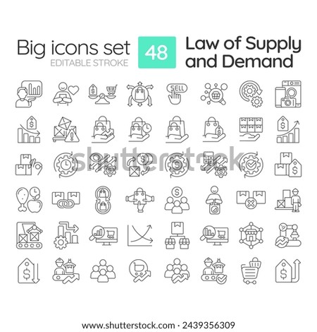 Microeconomics principles linear icons set. Law of supply and demand. Goods determined by supply and demand. Customizable thin line symbols. Isolated vector outline illustrations. Editable stroke