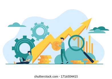 Microeconomics Vector Illustration. Flat Tiny Local Business Persons Concept.  Individual Company Resources Price Balance. Economy Study Basics.