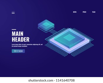 Microelectronic computer chip icon, data computing process, server room, cloud storage, database, digital technology of future, isometric illustration vector neon dark Microelectronic computer chip icon, data computing process, server room, cloud storage, database, digital technology of future, isometric illustration vector neon dark