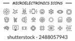 Microelectronics icon set. Chip computer. Engineering electronic micro scheme computer system board vector icon set