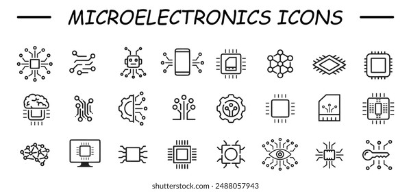 Microelectronics icon set. Chip computer. Engineering electronic micro scheme computer system board vector icon set