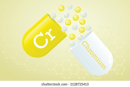 Microelement chromium. Capsule with Cr element icon, healthy food symbol. healing minerals. Medical background honeycomb grid of yellow hexagons. Poster. Vector illustration