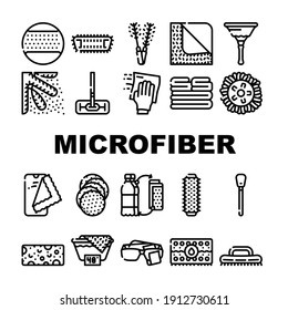 Microfiber For Clean Collection Icons Set Vector. Microfiber With Handle And Mop Head, Brush Cleaning Windows And Towel Roller Black Contour Illustrations