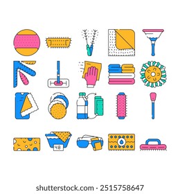 Microfiber For Clean Collection Icons Set Vector. Microfiber With Handle And Mop Head, Brush Cleaning Windows And Towel Roller color Contour Illustrations