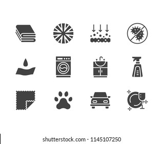 Microfiber cloth properties flat glyph icons. Absorbing material, dust cleaning, washable, antibacterial, clean detergent illustrations. Signs for napkin package. Solid silhouette pixel perfect 64x64.