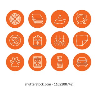 Microfiber-Stoffeigenschaften flache Liniensymbole. Abbildungen für Absorptionsmaterial, Staubreinigung, waschbar, antibakteriell, sauberes Waschmittel. Dünne Schilder für Serviettenpackungen.