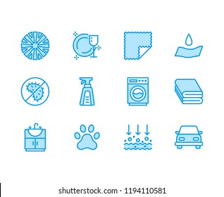 Microfiber cloth properties flat line icons. Absorbing material, dust cleaning, washable, antibacterial, clean detergent illustrations. Thin signs for napkin package.