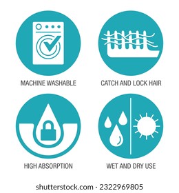 Eigenschaften von Motten aus Mikrofasern: flache Symbole in blau kreisförmiger Form - maschinenwaschbar, Fang- und Verriegelungshaar, hohe Absorption, nass und trocken