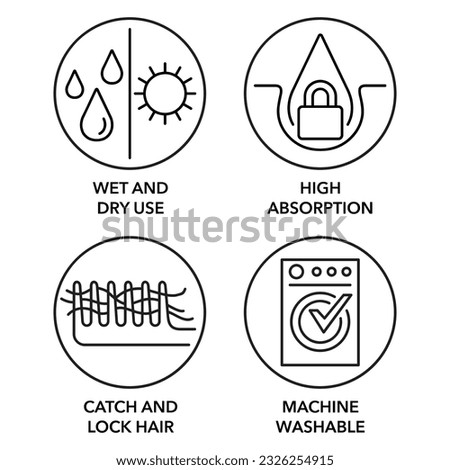 Microfiber floor mop properties icons set in thin black line - machine washable, catch and lock hair, high absorption, wet and dry use