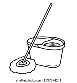 Microfiber Spin Mop With Bucket. Vector Outline Icon Isolated On White Background.