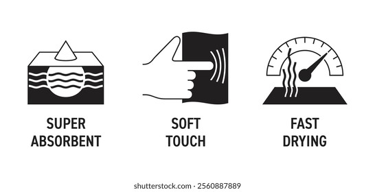 Microfiber towel or dust cloth benefits icons set - Super Absorbent, Soft Touch, Fast Drying. Pictograms for labeling in monochrome style